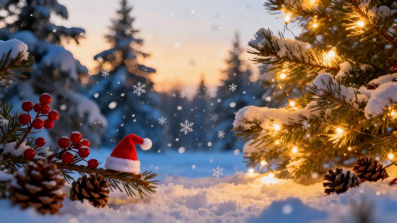 雪夜圣诞树下的静谧冬景图片