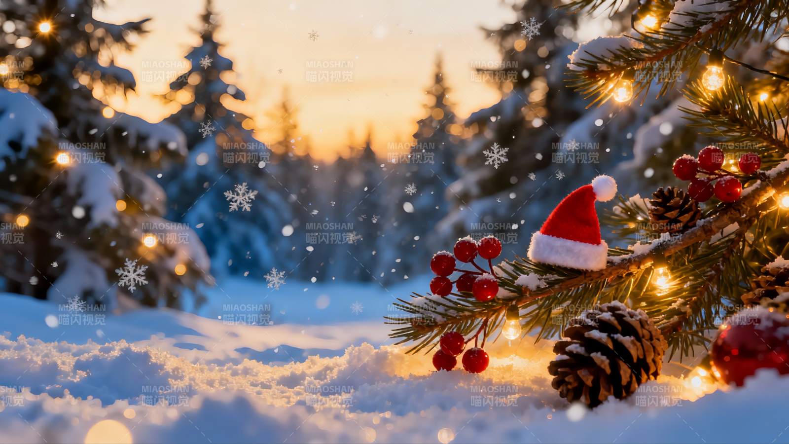 雪夜圣诞松枝挂饰图片