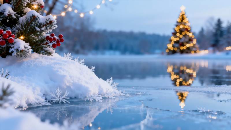 雪夜圣诞树冰湖倒影图片