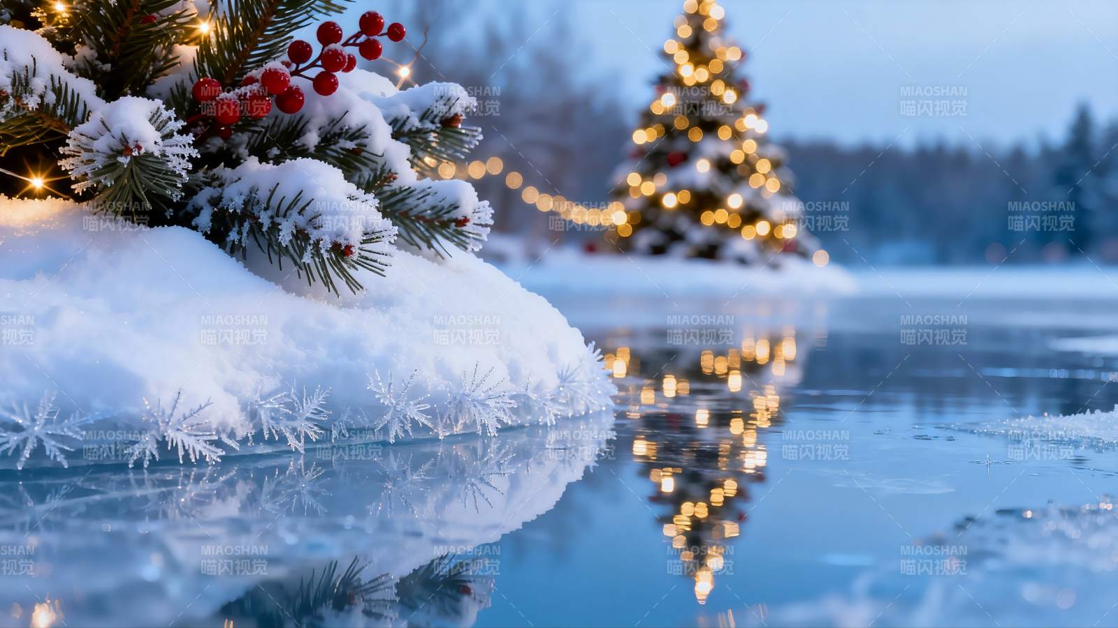 雪夜圣诞树与松枝倒影图片