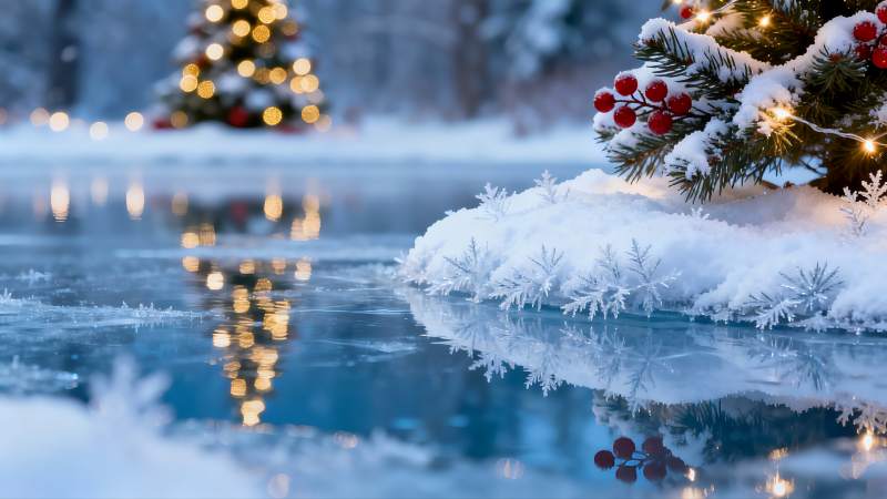 雪夜圣诞树倒影静谧美景图片