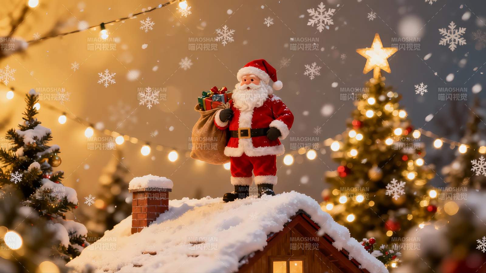 圣诞老人雪夜屋顶送礼图片