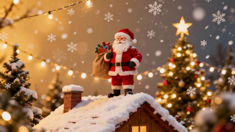 圣诞老人雪夜屋顶送礼图片