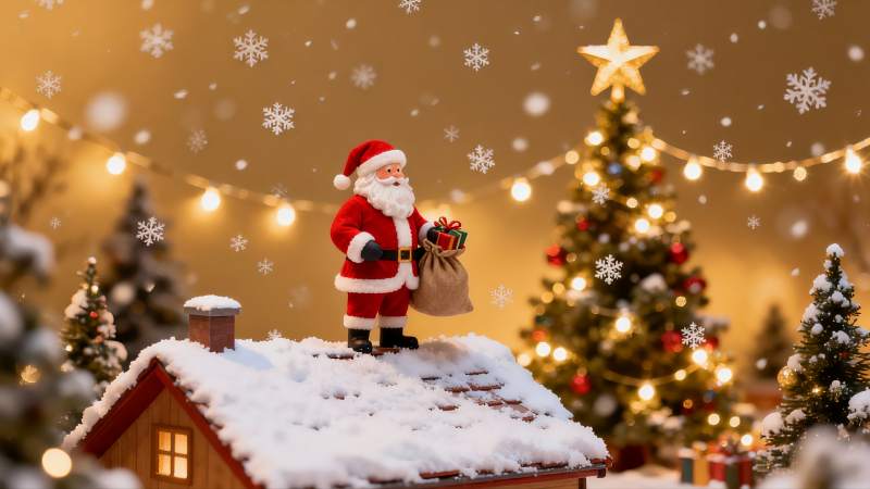 圣诞老人雪夜屋顶摆件图片