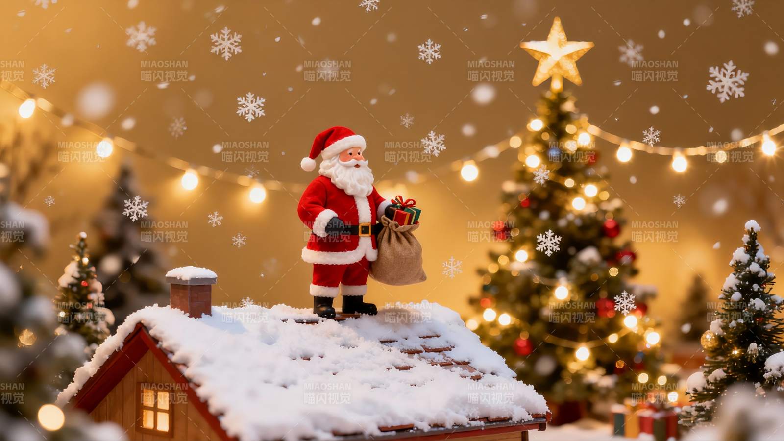 圣诞老人雪夜屋顶摆件图片