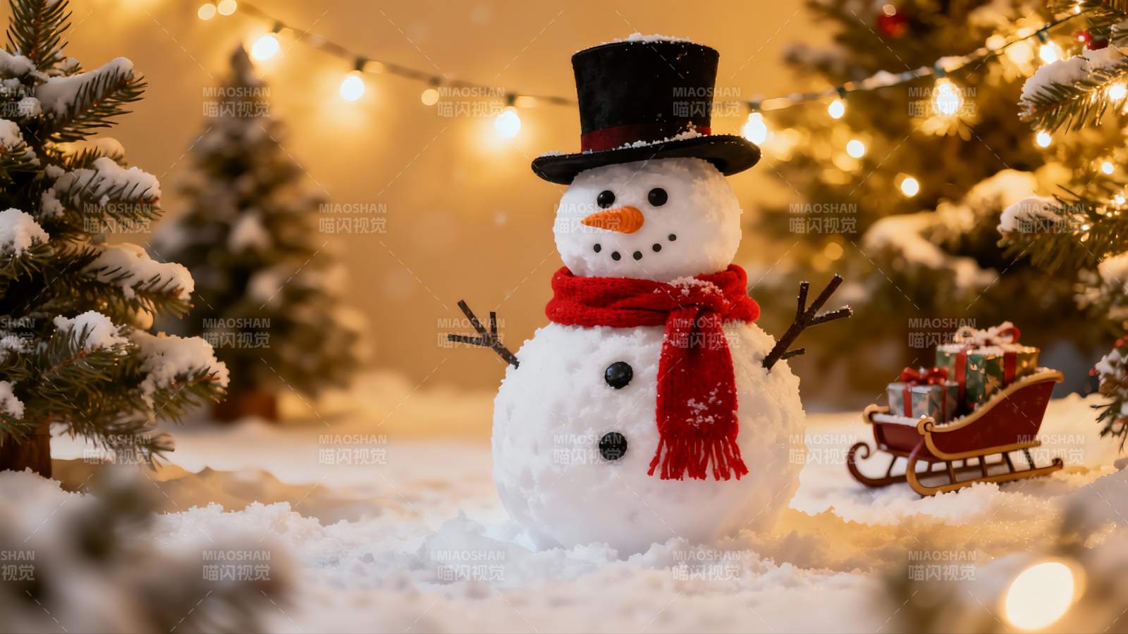 雪地圣诞雪人与礼物场景图片