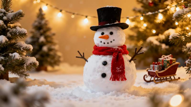 雪地圣诞雪人与礼物场景图片