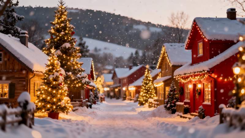 雪夜圣诞小镇灯火辉煌图片