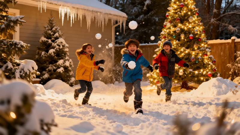 雪地三童玩雪欢乐场景图片