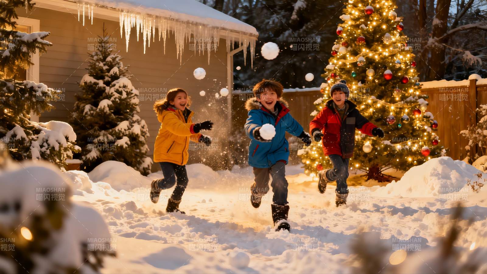雪地三童玩雪欢乐场景图片
