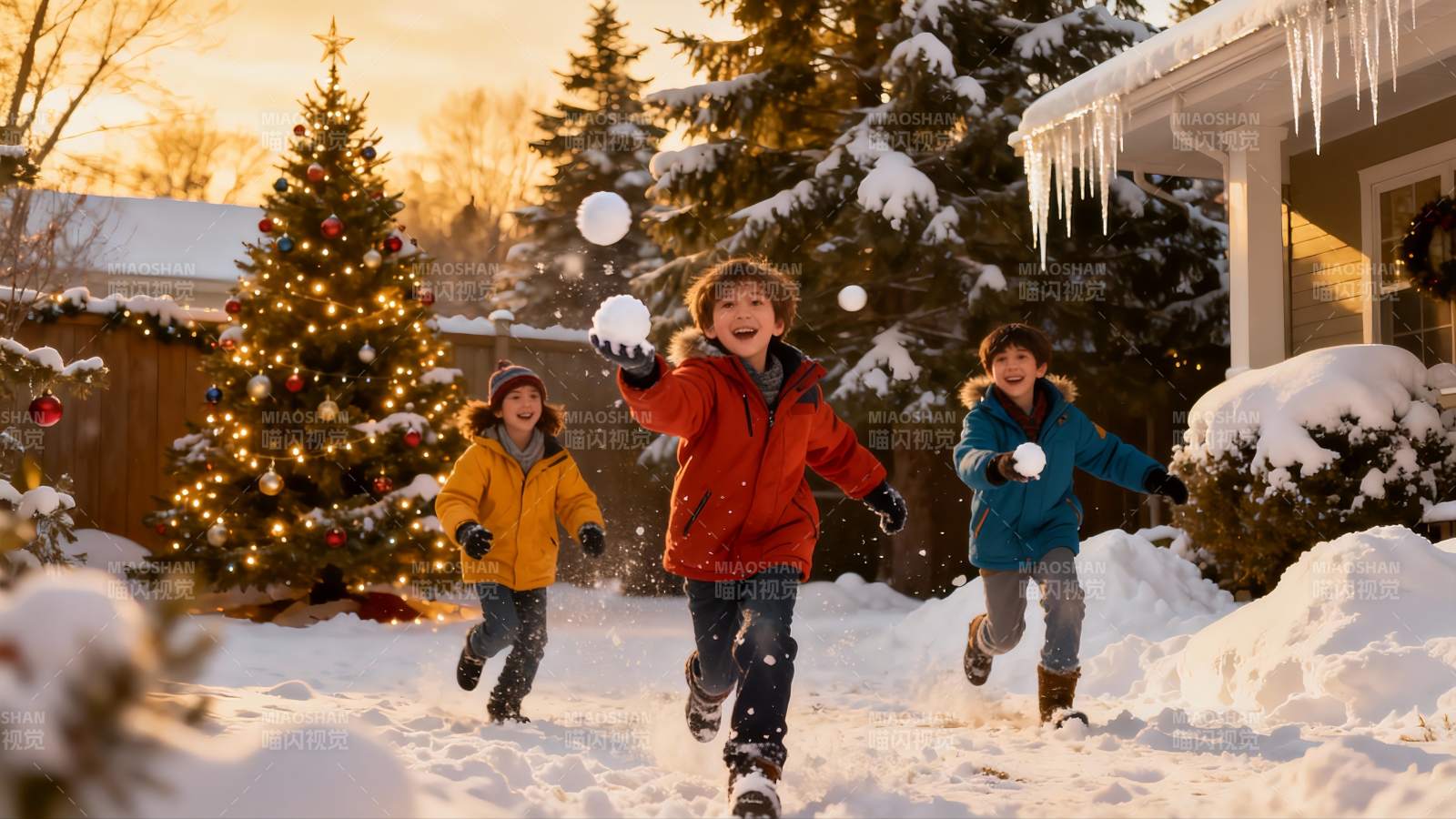 雪地玩耍儿童欢乐场景图片