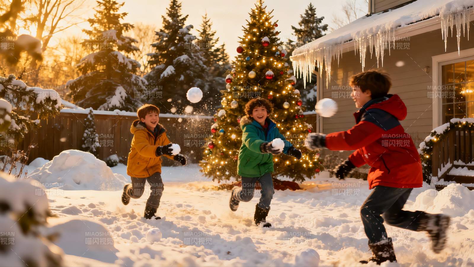 三童雪地打雪仗欢乐场景图片