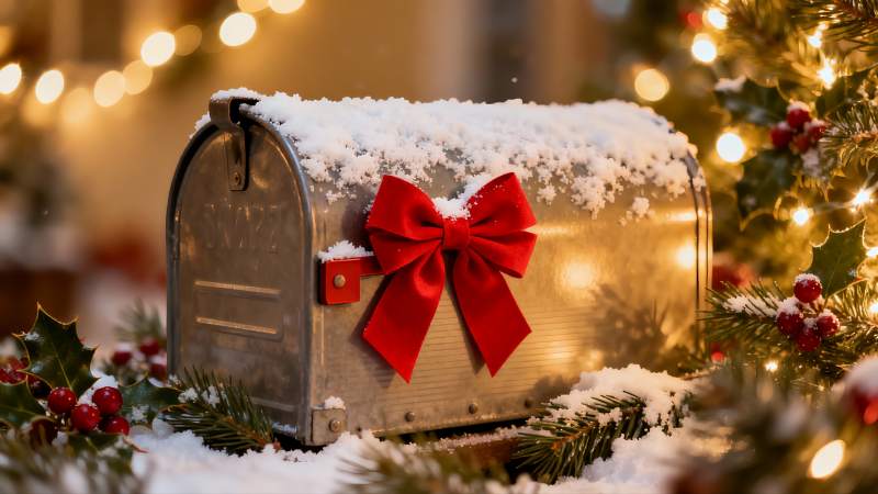 雪中圣诞邮箱系红蝴蝶结图片