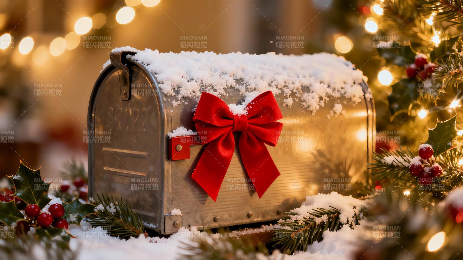 雪中圣诞邮箱系红蝴蝶结图片