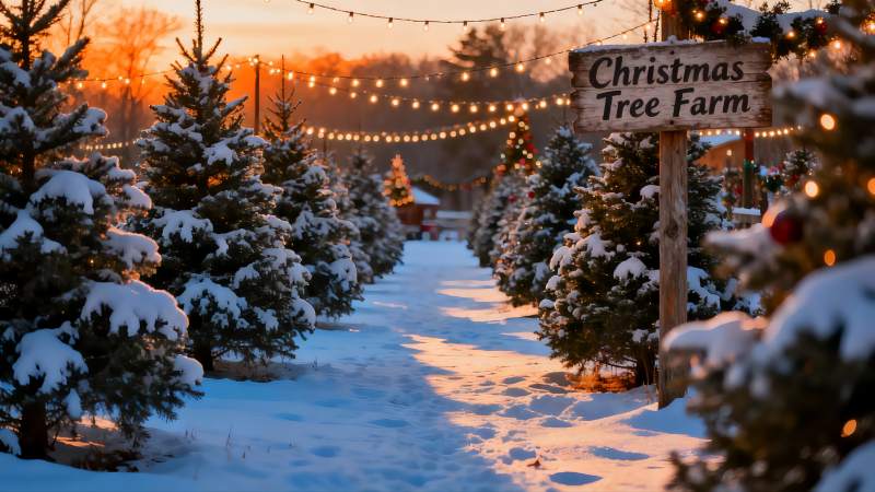 雪地圣诞树农场黄昏景象图片