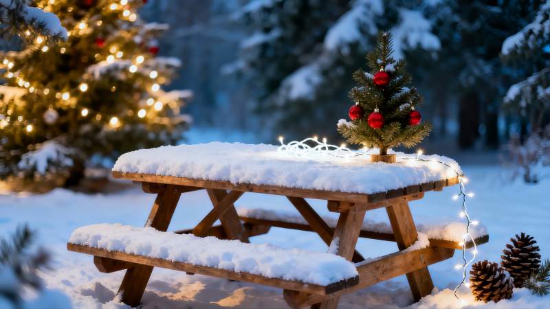 雪地木桌圣诞树夜景图片
