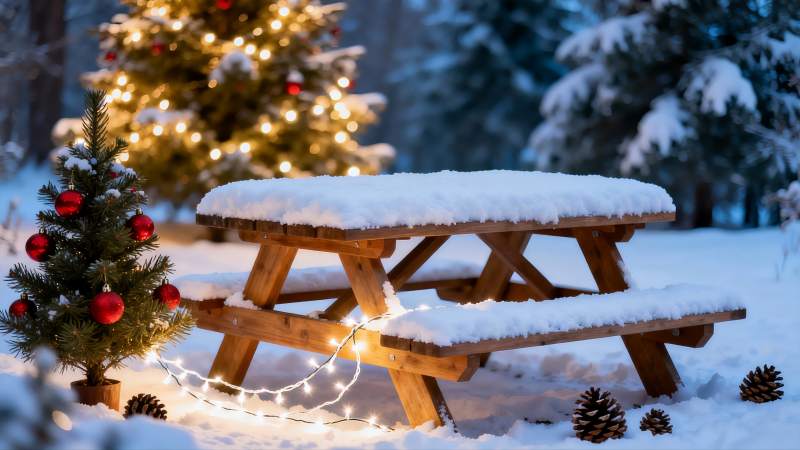 雪夜圣诞树与木桌图片