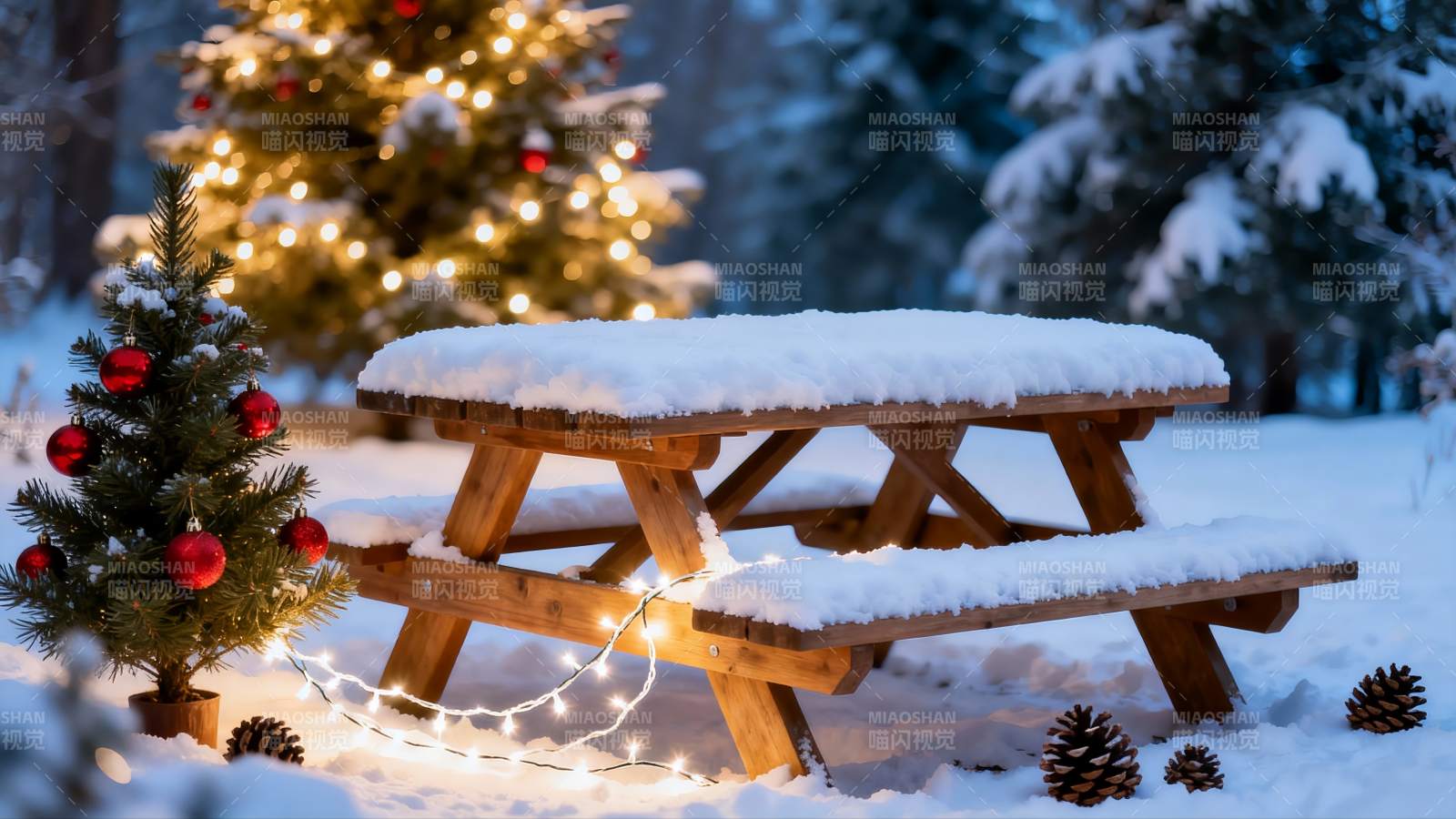 雪夜圣诞树与木桌图片