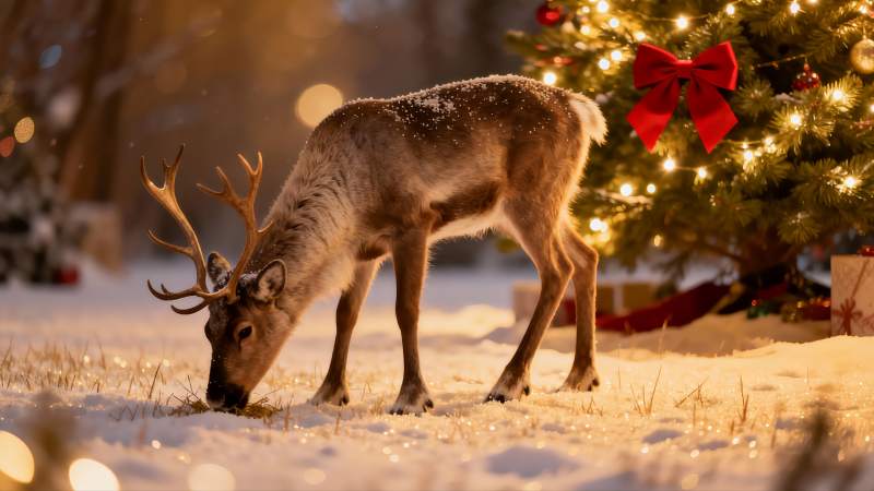 雪地驯鹿圣诞树旁觅食图片