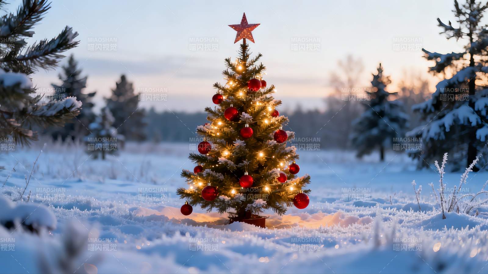 雪地圣诞树夜景图片