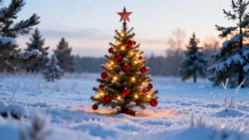 雪地圣诞树夜景图片