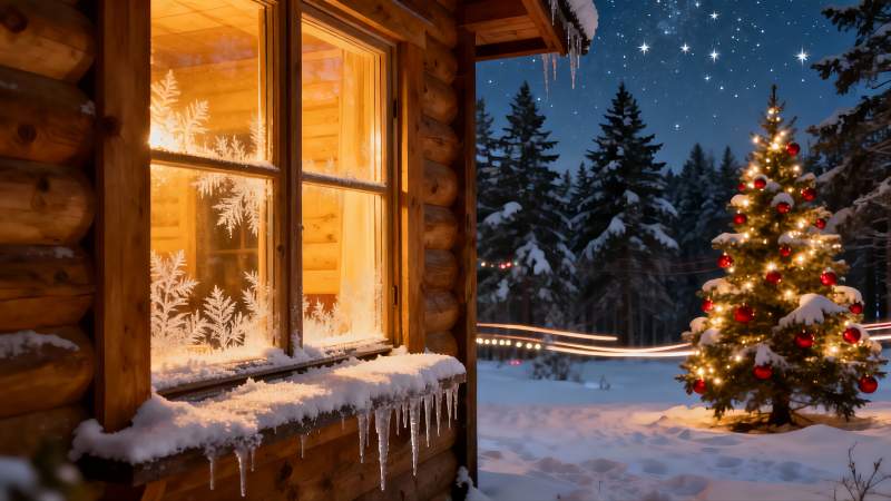 雪夜木屋与圣诞树图片