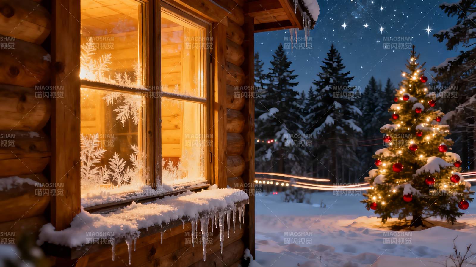 雪夜木屋与圣诞树图片