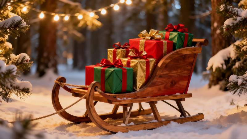 雪地木橇载满圣诞礼物图片