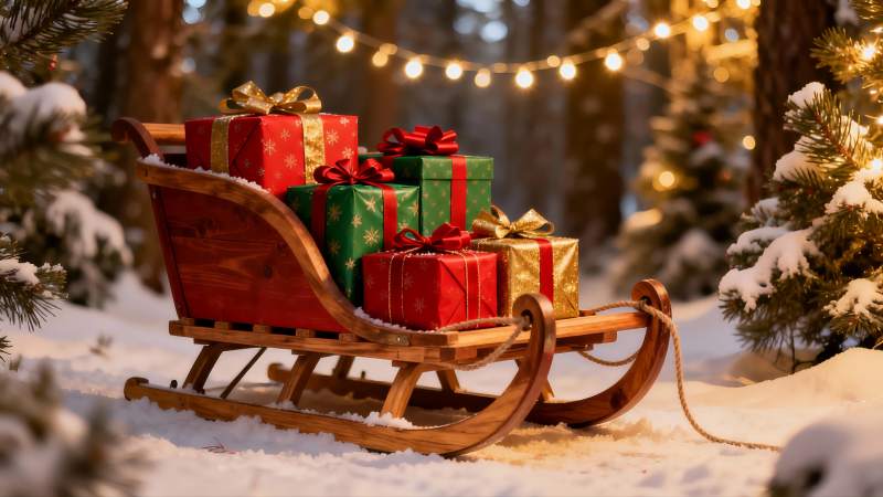 雪地木橇载满圣诞礼物图片