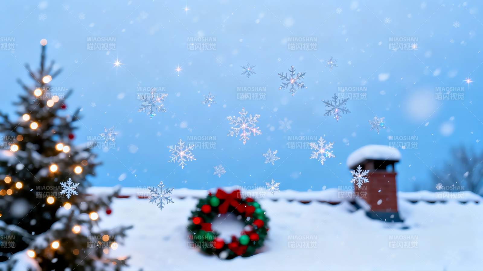 雪夜圣诞树与花环图片