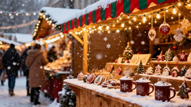 雪夜圣诞市集热闹场景图片