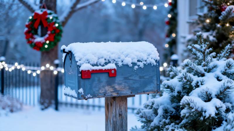 雪后圣诞邮箱与松树图片