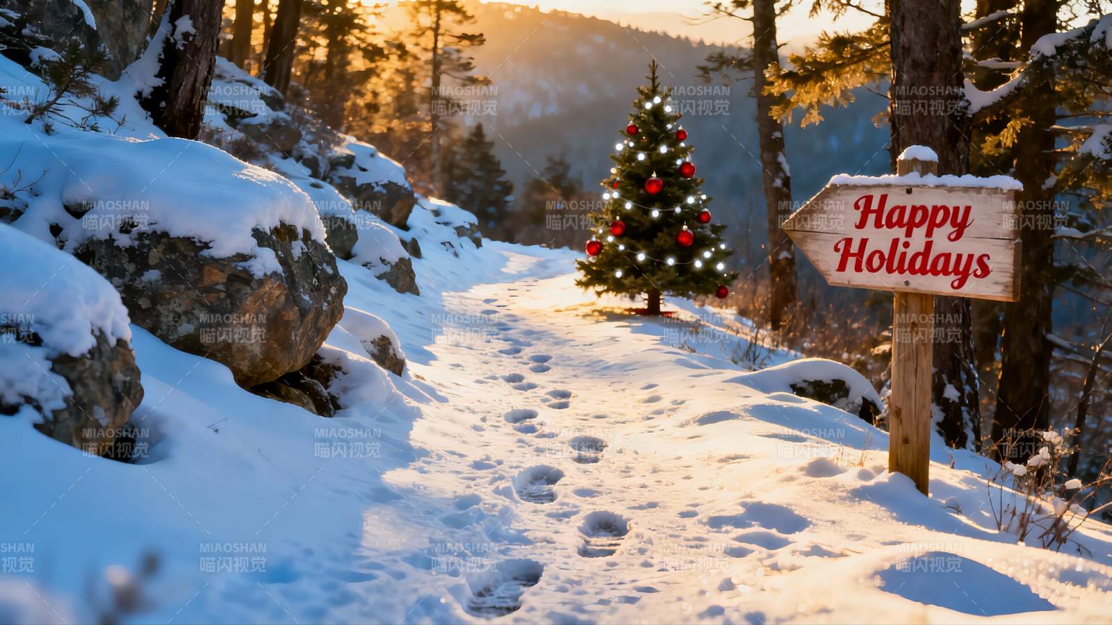 雪地圣诞树与节日路标图片