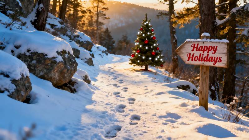 雪地圣诞树与节日路标图片