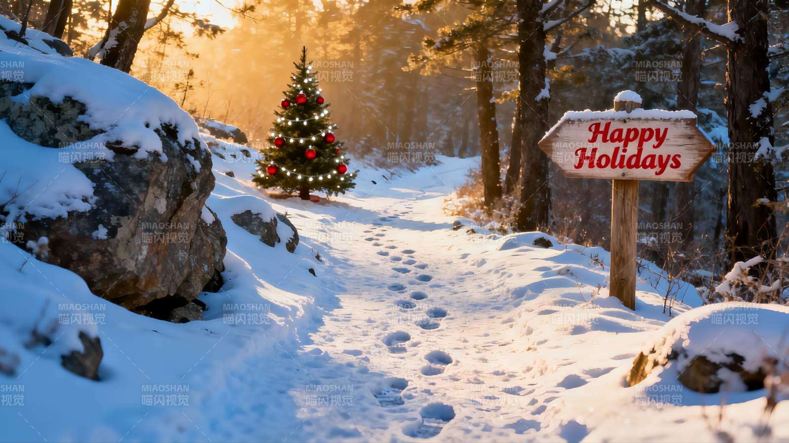 雪地圣诞树与节日路标图片