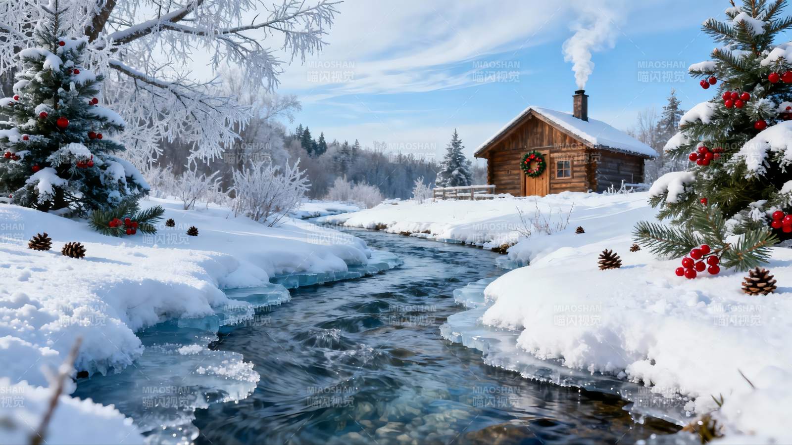 雪景溪流旁的木屋图片