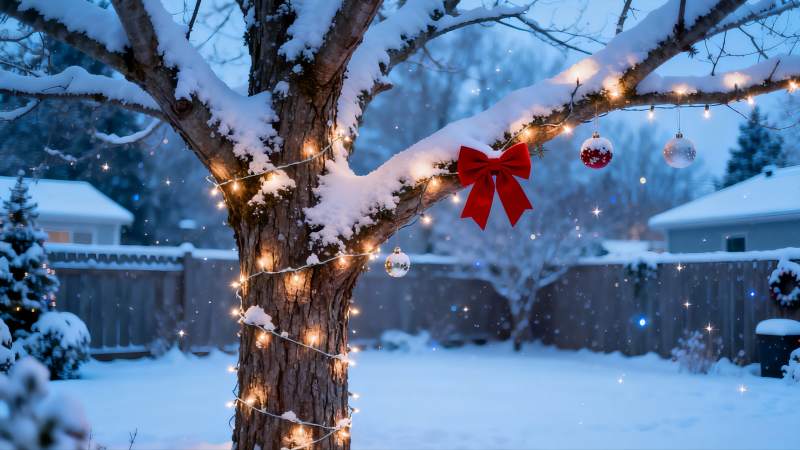 雪夜圣诞树挂彩灯图片
