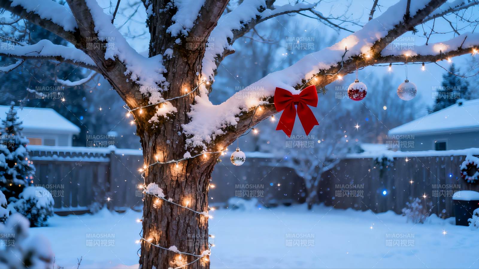 雪夜圣诞树挂彩灯图片