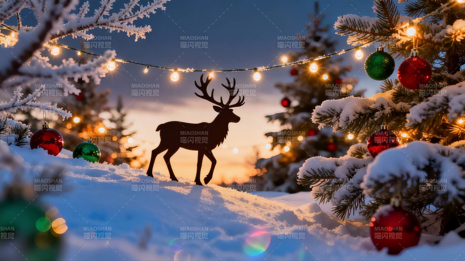 雪地圣诞鹿影夜景图片