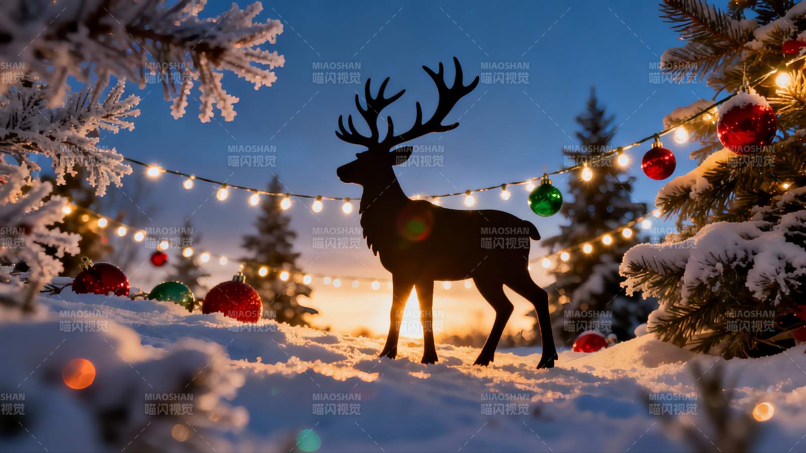 雪地圣诞鹿剪影夜景图片