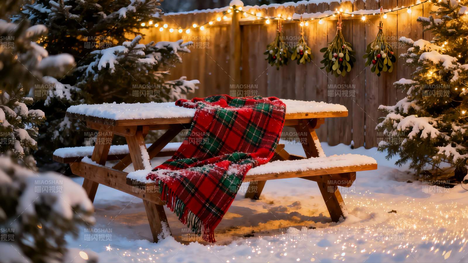 雪夜庭院圣诞氛围桌椅图片