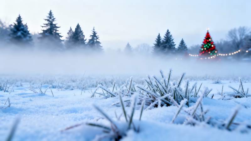 雪地圣诞树雾气弥漫冬日景象图片