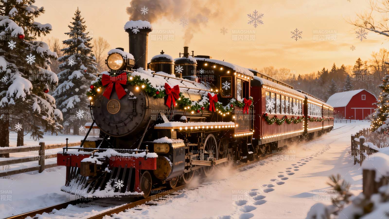 雪景圣诞火车穿行冬日乡村图片