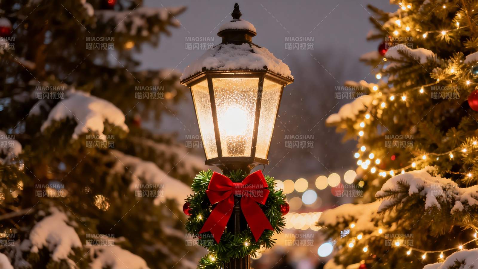 雪夜圣诞灯饰与松树图片