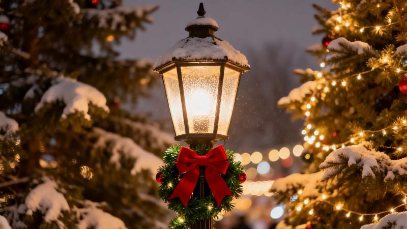 雪夜圣诞灯饰与松树图片