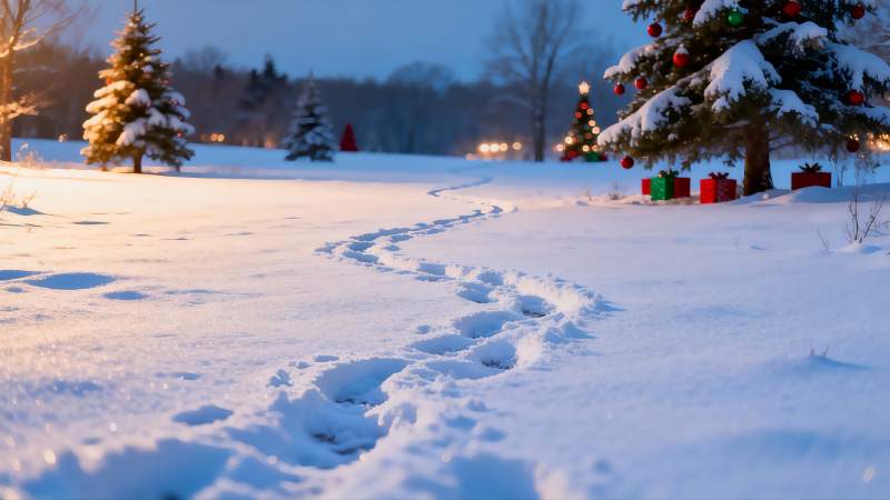 雪地圣诞树与脚印图片