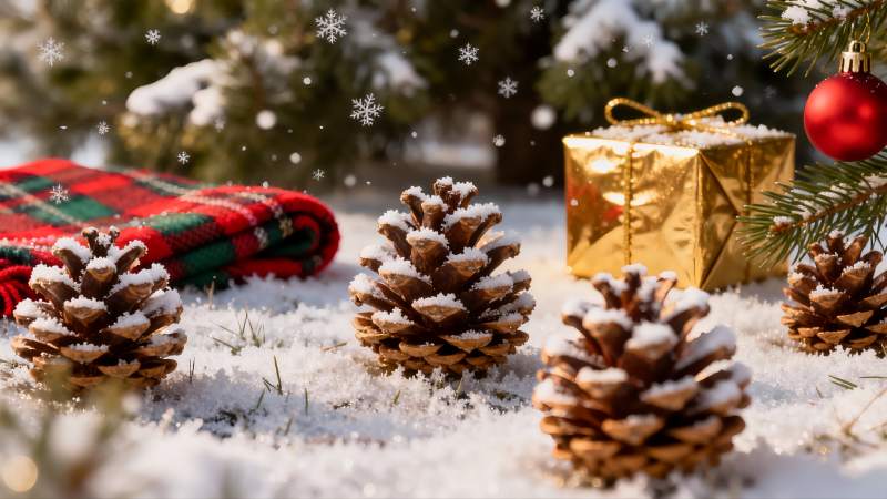 雪地松果礼盒节日装饰图片