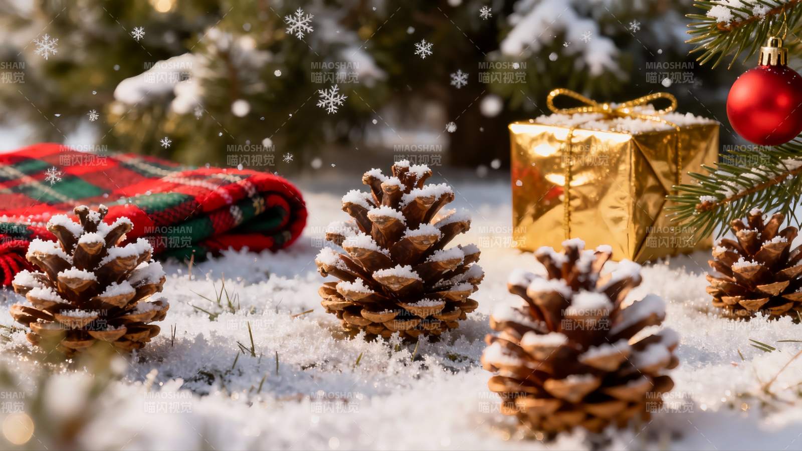 雪地松果礼盒节日装饰图片