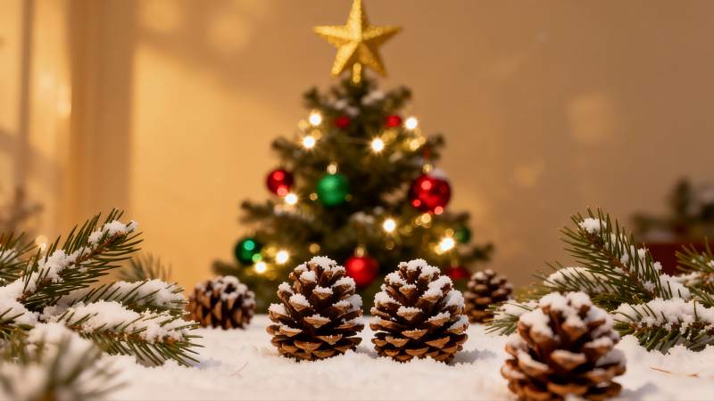 圣诞树雪松果节日装饰图片