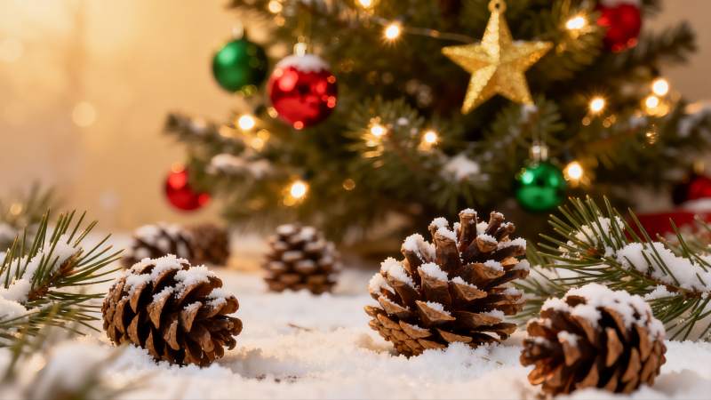 雪地松果与圣诞树装饰图片